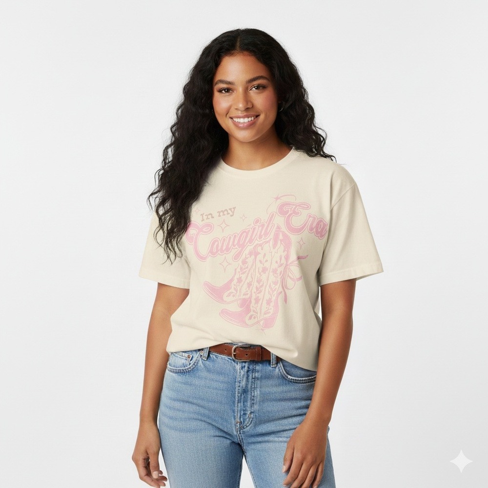 Streetwear Society Cowgirl Era Graphic Tee Cream Pink Western Boots - Size‎ XS